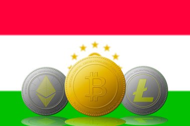 Arka planda Tacikistan bayrağı bulunan üç kripto para birimi Bitcoin Ethereum ve Litecoin