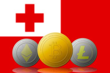 Arka planda Tonga bayrağı bulunan üç kripto para birimi Bitcoin Ethereum ve Litecoin