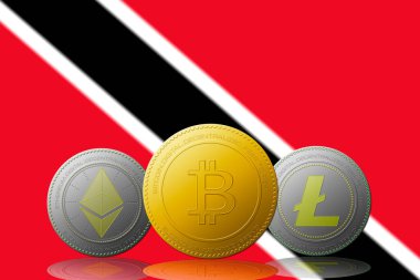 Arka planda Trinidad ve Tobago bayrağı bulunan Bitcoin Ethereum ve Litecoin üç kripto para birimi.