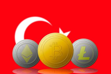 Arka planda Türkiye bayrağı bulunan üç kripto para birimi Bitcoin Ethereum ve Litecoin