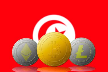 Arka planda Tunus bayrağı bulunan üç kripto para birimi Bitcoin Ethereum ve Litecoin