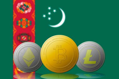 Arka planda Türkmenistan bayrağı bulunan üç kripto para birimi Bitcoin Ethereum ve Litecoin