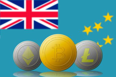 Arka planda Tuvalu bayrağı olan üç kripto para birimi Bitcoin Ethereum ve Litecoin