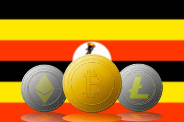 Arka planda Uganda bayrağı bulunan üç kripto para birimi Bitcoin Ethereum ve Litecoin