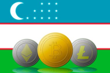Arka planda Özbekistan bayrağı bulunan üç kripto para birimi Bitcoin Ethereum ve Litecoin