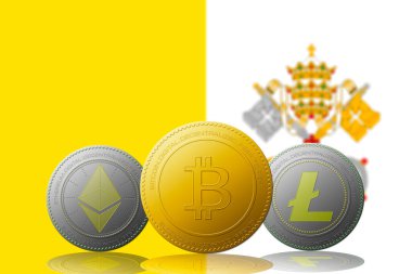 Üç kripto para birimi Bitcoin Ethereum ve Litecoin, arkasında Vatikan bayrağı olan