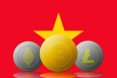 Arka planında Vietnam bayrağı olan üç kripto para birimi Bitcoin Ethereum ve Litecoin
