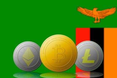 Arka planda Zambiya bayrağı bulunan üç kripto para birimi Bitcoin Ethereum ve Litecoin