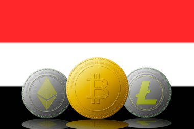 Arka planda Yemen bayrağı olan üç kripto para birimi Bitcoin Ethereum ve Litecoin