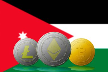 3 boyutlu illüstrasyon 3 kripto para birimi Bitcoin Ethereum ve Litecoin arka planda Ürdün bayrağı