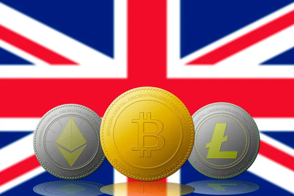 Arka planda Birleşik Krallık bayrağı bulunan üç kripto para birimi Bitcoin Ethereum ve Litecoin
