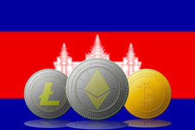 3 boyutlu illüstrasyon 3 kripto para birimi Bitcoin Ethereum ve Litecoin Kamboçya bayrağı arka planda.