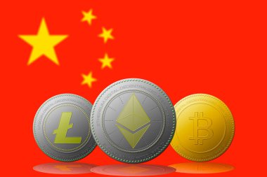 Litecoin Ethereum Bitcoin kripto para birimi ve arka planda Çin bayrağı.