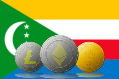 3 boyutlu illüstrasyon. 3 kripto para birimi. Bitcoin Ethereum ve Litecoin..