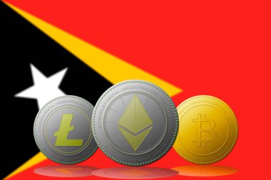 3 boyutlu illüstrasyon 3 kripto para birimi Bitcoin Ethereum ve Litecoin arka planda Doğu Timor bayrağı