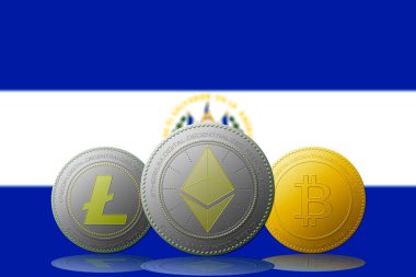 3 boyutlu illüstrasyon 3 kripto para birimi Bitcoin Ethereum ve Litecoin arka planda El Salvador bayrağı