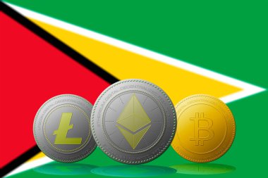 3 boyutlu illüstrasyon 3 kripto para birimi Bitcoin Ethereum ve Litecoin arka planda Guyana bayrağı