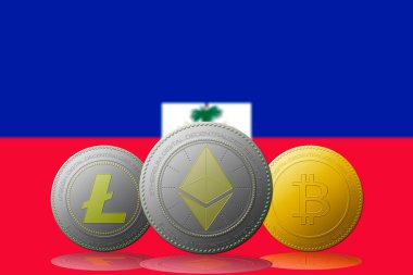 3 boyutlu illüstrasyon 3 kripto para birimi Bitcoin Ethereum ve Litecoin arka planda Haiti bayrağı