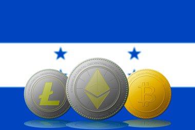 3 boyutlu illüstrasyon 3 kripto para birimi Bitcoin Ethereum ve Litecoin arkaplanda Honduras bayrağı