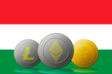 3 boyutlu illüstrasyon 3 kripto para birimi Bitcoin Ethereum ve Litecoin arka planda Macaristan bayrağı.