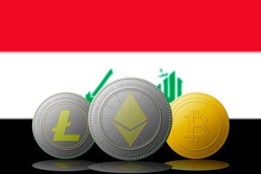 3 boyutlu illüstrasyon Litecoin Ethereum Bitcoin kripto para birimi ve arka planda Irak bayrağı.