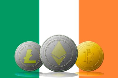 3 boyutlu illüstrasyon Litecoin Ethereum Bitcoin kripto para birimi ve arka planda Irlanda bayrağı.