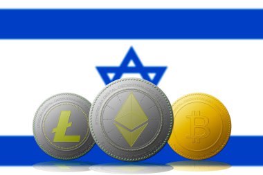 3 boyutlu illüstrasyon Litecoin Ethereum Bitcoin kripto para birimi ve arka planda İsrail bayrağı.