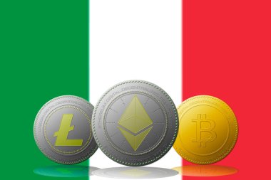 3 boyutlu illüstrasyon Litecoin Ethereum Bitcoin kripto para birimi ve arka planda İtalya bayrağı.