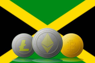 3 boyutlu illüstrasyon Litecoin Ethereum Bitcoin kripto para birimi ve arka planda Jamaika bayrağı.
