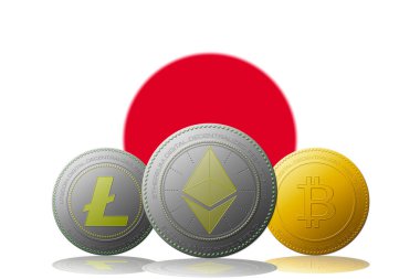 3 boyutlu illüstrasyon Litecoin Ethereum Bitcoin kripto para birimi ve arka planda Japonya bayrağı.