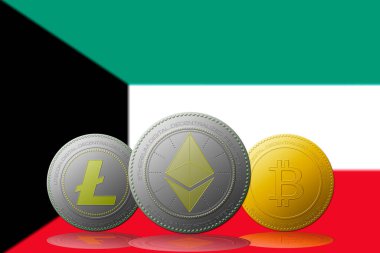 3 boyutlu illüstrasyon Litecoin Ethereum Bitcoin kripto para birimi ve arka planda Kuveyt bayrağı.