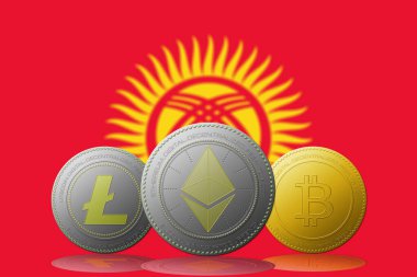 3 boyutlu illüstrasyon Litecoin Ethereum Bitcoin kripto para birimi ve arka planda Kırgızistan bayrağı.