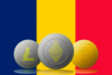 3D illüstrasyon Litecoin Ethereum Bitcoin kripto para birimi ve arka planda Romanya bayrağı.