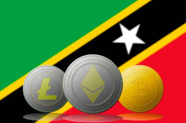 3 boyutlu illüstrasyon Litecoin Ethereum Bitcoin kripto para birimi ve arka planda Saint Kitts ve Nevis bayrağı.