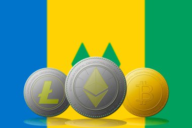 3 boyutlu illüstrasyon Litecoin Ethereum Bitcoin kripto para birimi ve arka planda Grenadines bayrağı.