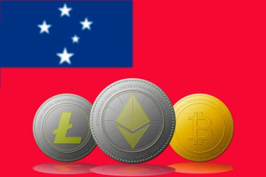 3 boyutlu illüstrasyon Litecoin Ethereum Bitcoin kripto para birimi ve arka planda Samoa bayrağı.