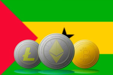 3 boyutlu illüstrasyon Litecoin Ethereum Bitcoin kripto para birimi ve arka planda Sao Tome ve Principe bayrağı.