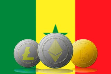 3 boyutlu illüstrasyon Litecoin Ethereum Bitcoin kripto para birimi ve arka planda Senegal bayrağı.