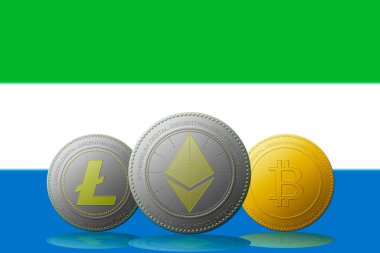 3 boyutlu illüstrasyon Litecoin Ethereum Bitcoin kripto para birimi ve arka planda Sierra Leone bayrağı.