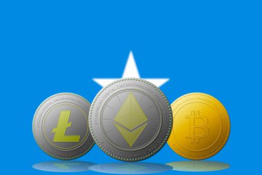 3 boyutlu illüstrasyon Litecoin Ethereum Bitcoin kripto para birimi ve arka planda Somali bayrağı.