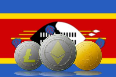 3 boyutlu illüstrasyon Litecoin Ethereum Bitcoin kripto para birimi ve arka planda Svaziland bayrağı.