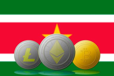 3 boyutlu illüstrasyon Litecoin Ethereum Bitcoin kripto para birimi ve arka planda Surinam bayrağı.
