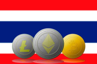 3 boyutlu illüstrasyon Litecoin Ethereum Bitcoin kripto para birimi ve arkasında Tayland bayrağı.