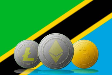 3 boyutlu illüstrasyon Litecoin Ethereum Bitcoin kripto para birimi ve arkaplanda Tanzanya bayrağı.