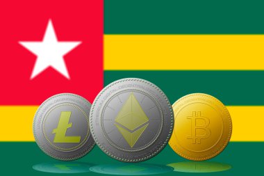 3 boyutlu illüstrasyon Litecoin Ethereum Bitcoin kripto para birimi ve arkasında Togo Cumhuriyeti bayrağı.