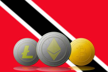 3 boyutlu illüstrasyon Litecoin Ethereum Bitcoin kripto para birimi Trinidad ve Tobago bayrağı arka planda.