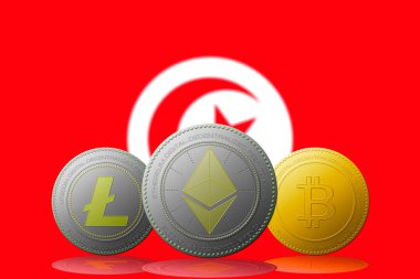 3 boyutlu illüstrasyon Litecoin Ethereum Bitcoin kripto para birimi ve arkasında Tunus bayrağı.