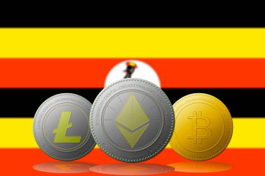 3 boyutlu illüstrasyon Litecoin Ethereum Bitcoin kripto para birimi ve arka planda Uganda bayrağı.