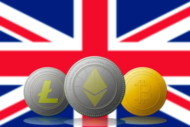 Litecoin Ethereum Bitcoin kripto para birimi ve arka planda Birleşmiş KINGDOM bayrağı.