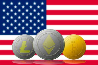 Litecoin Ethereum Bitcoin kripto para birimi ve arka planda ABD bayrağı.